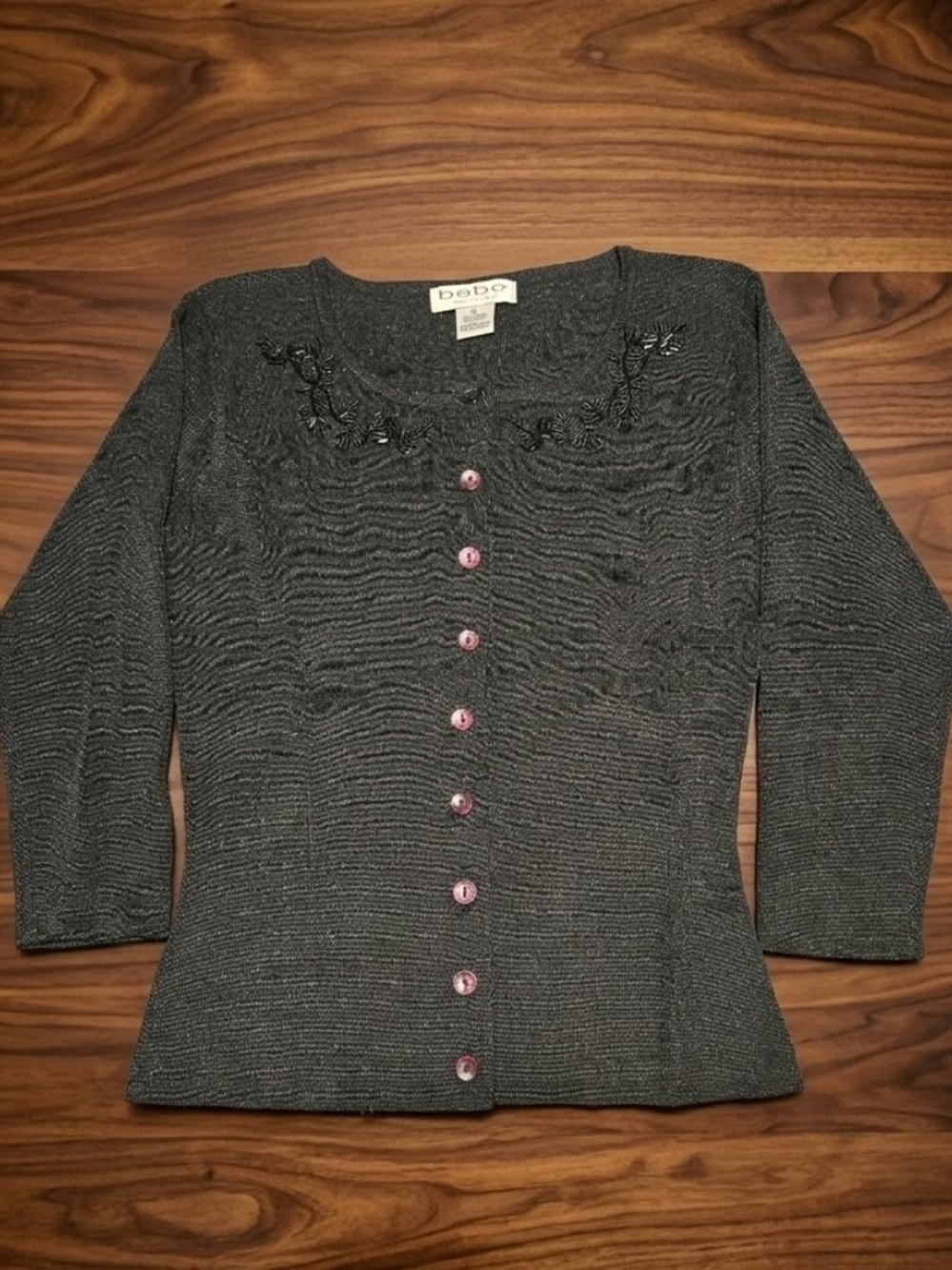 bebe Black Embroidered Button-Front Cardigan with Pink Buttons